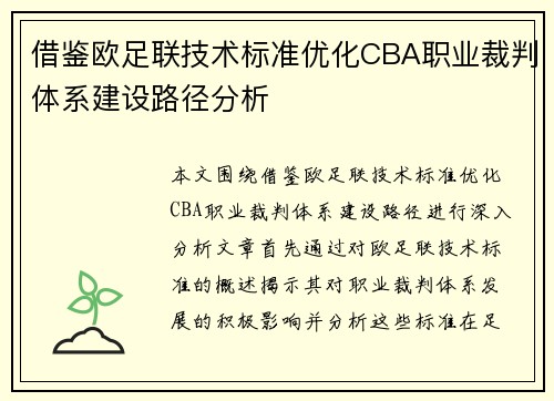 借鉴欧足联技术标准优化CBA职业裁判体系建设路径分析