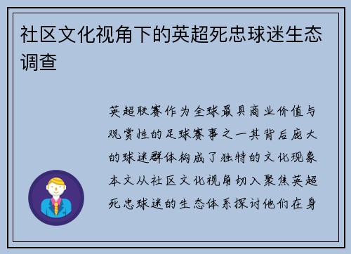 社区文化视角下的英超死忠球迷生态调查